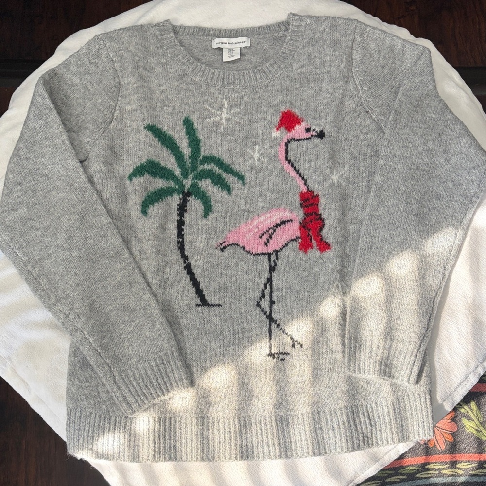 cupcakes & cashmere Gray Flamingo Holiday Sweater